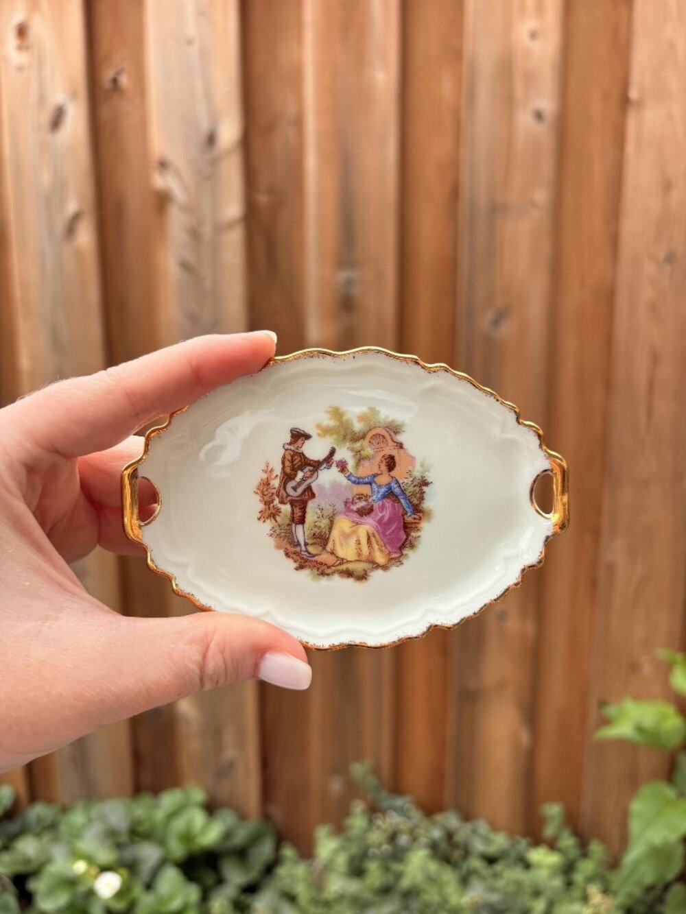 Vintage Limoges Porcelain Trinket Dish, French Courting Couple, Gold Trim